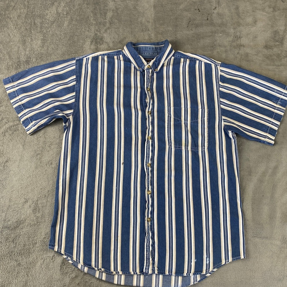 Vintage Coliseum Button Down Denim Shirt Mens XL Blue Striped Short Sleeve 90s